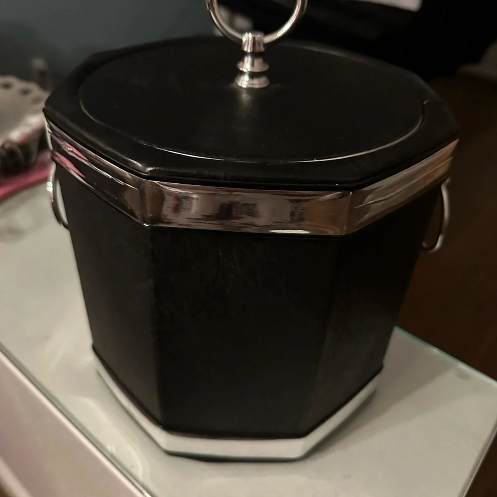 Vintage Faux Black Leather Ice Bucket with Chrome Trim